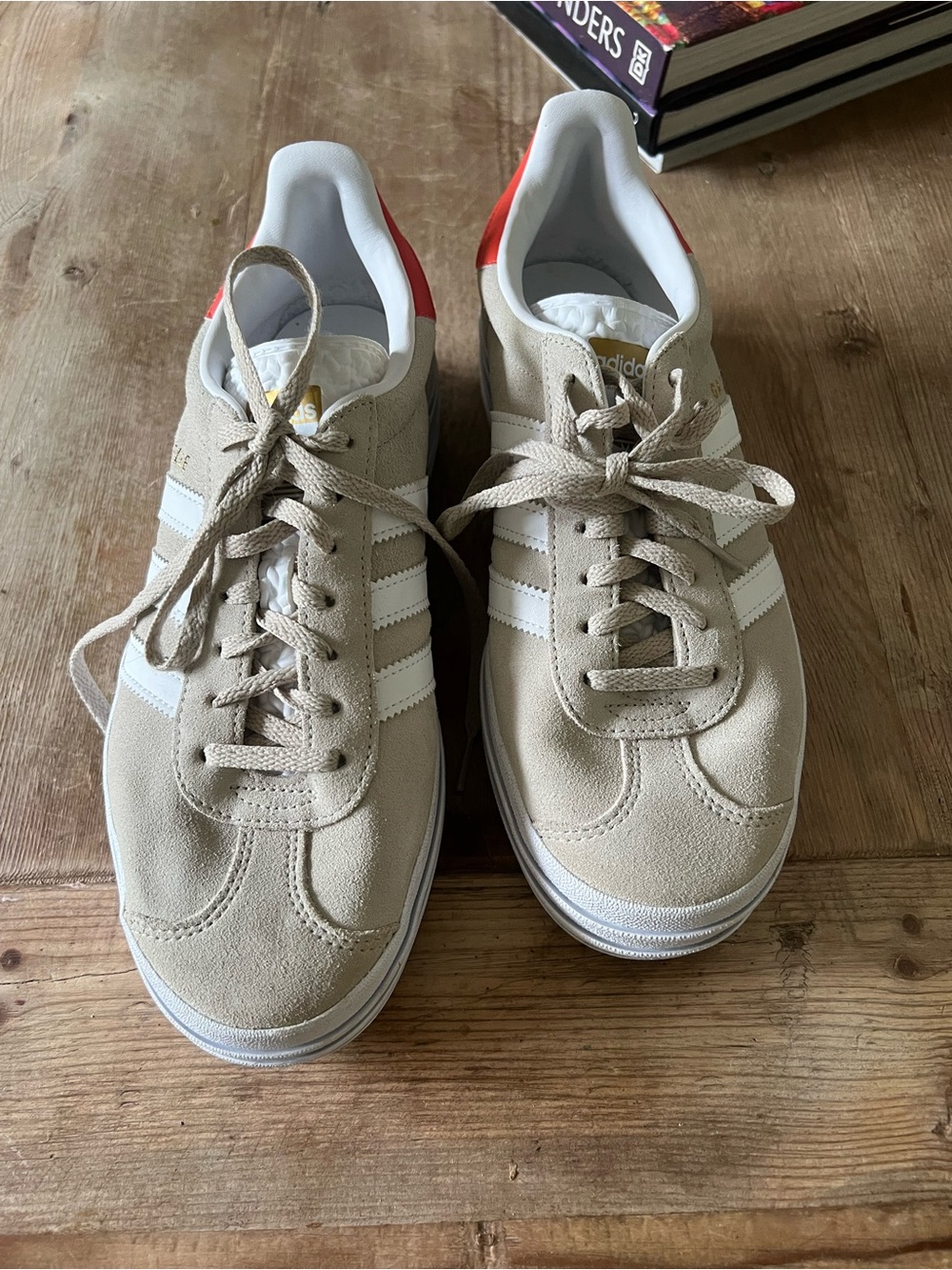 adidas Beige Suede Platform Sneakers with White Stripes and Red Heel - Picture 12 of 13